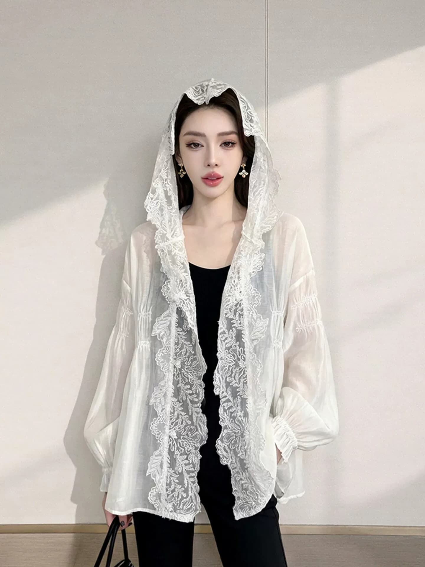 화이트 레이스 후드 자외선 차단 의류 여성 여름 얇은 스타일 고급 센스 품격 루즈핏 달콤함 오픈 가디건 자외선 차단 외투 이미지 2