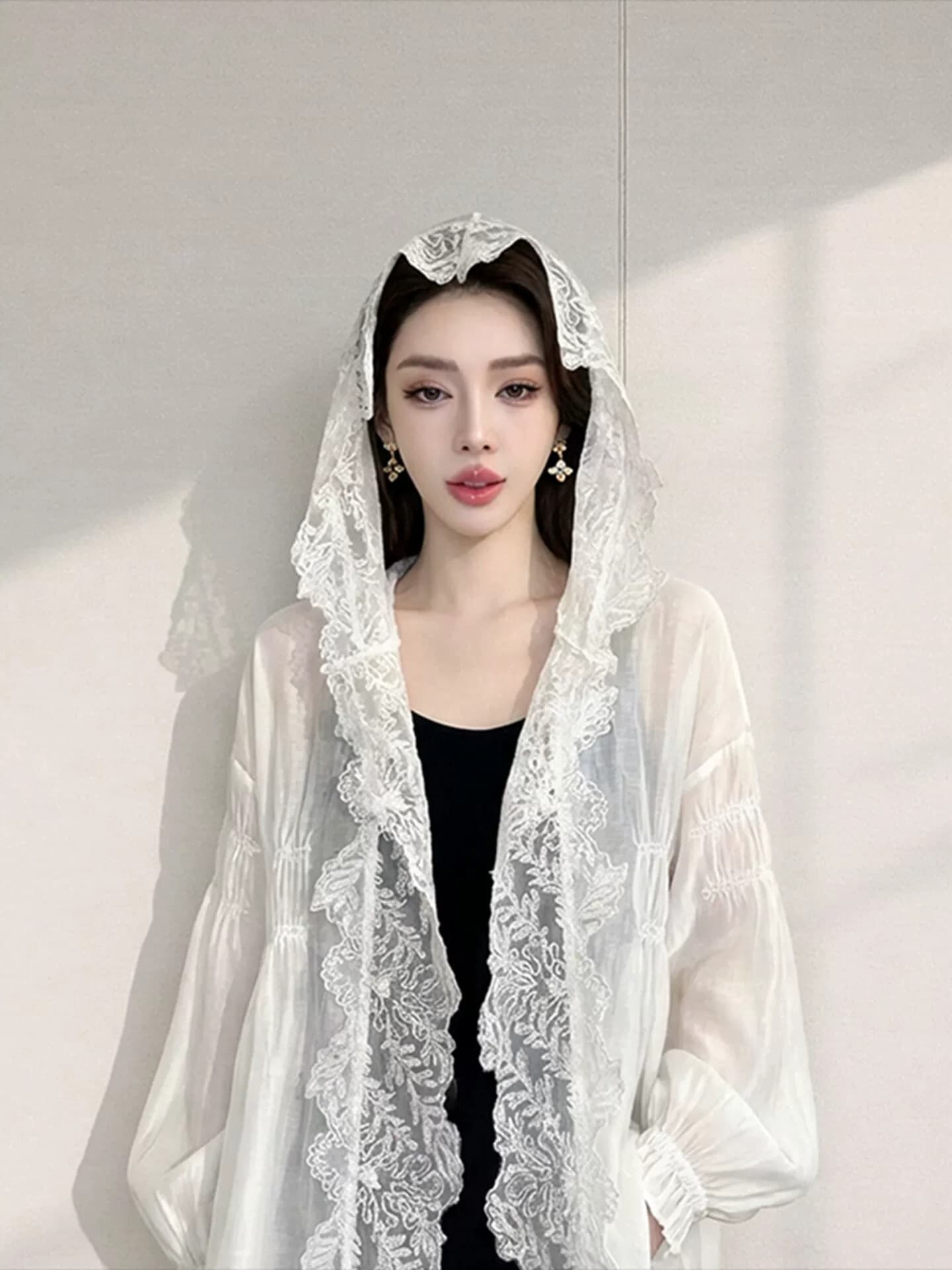 화이트 레이스 후드 자외선 차단 의류 여성 여름 얇은 스타일 고급 센스 품격 루즈핏 달콤함 오픈 가디건 자외선 차단 외투 상세 이미지 2