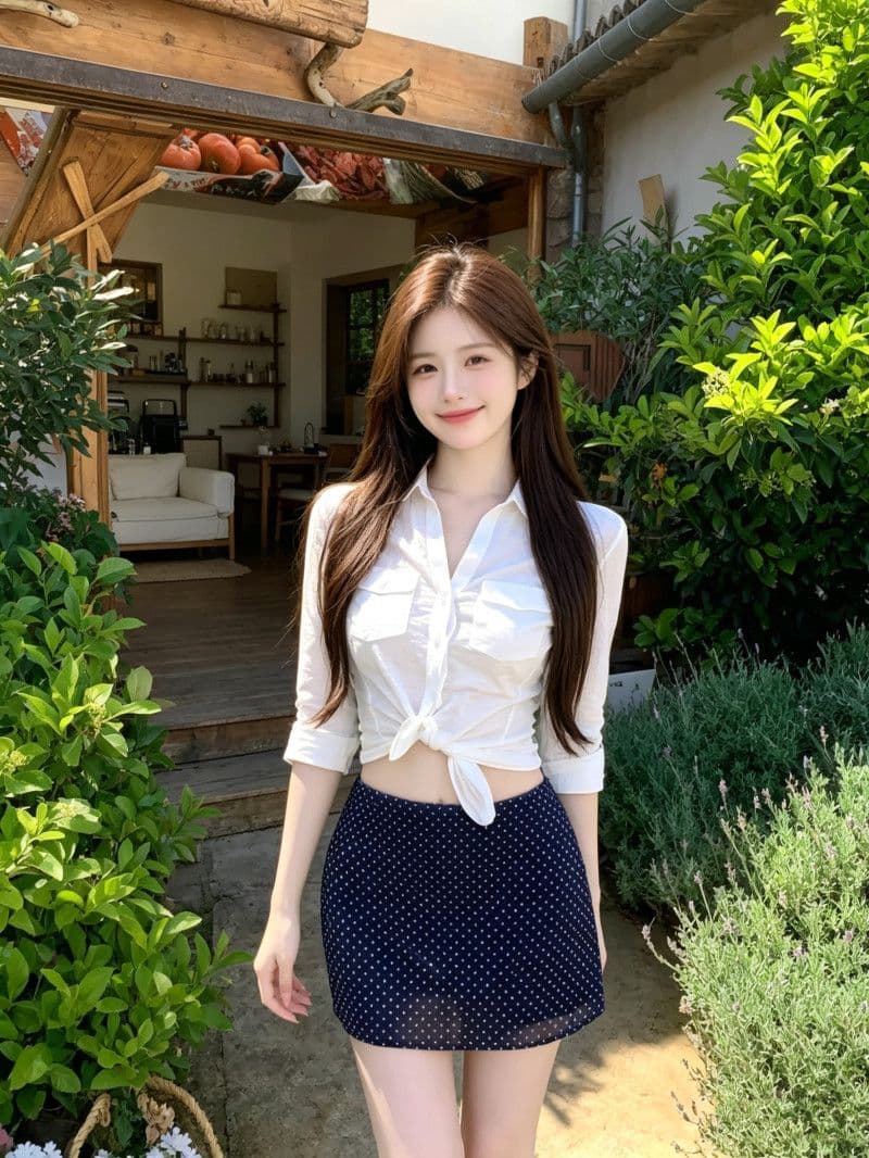 순면 대나무 마디 한 부서 폴로 칼라 허리 수축 5 점 소매 셔츠 도트 무늬 배색 한 마디 반신 스커트 여름 두 조각 여성 세트 상세 이미지 3
