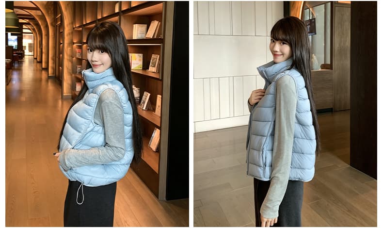 얇고 가벼운 우유 fu 쇼트 스타일 다운 재킷 여성 작은 키 스탠드 칼라 조끼 겨울 면 옷 한 부서 갈비 살 베스트 패딩 재킷 상세 이미지 24