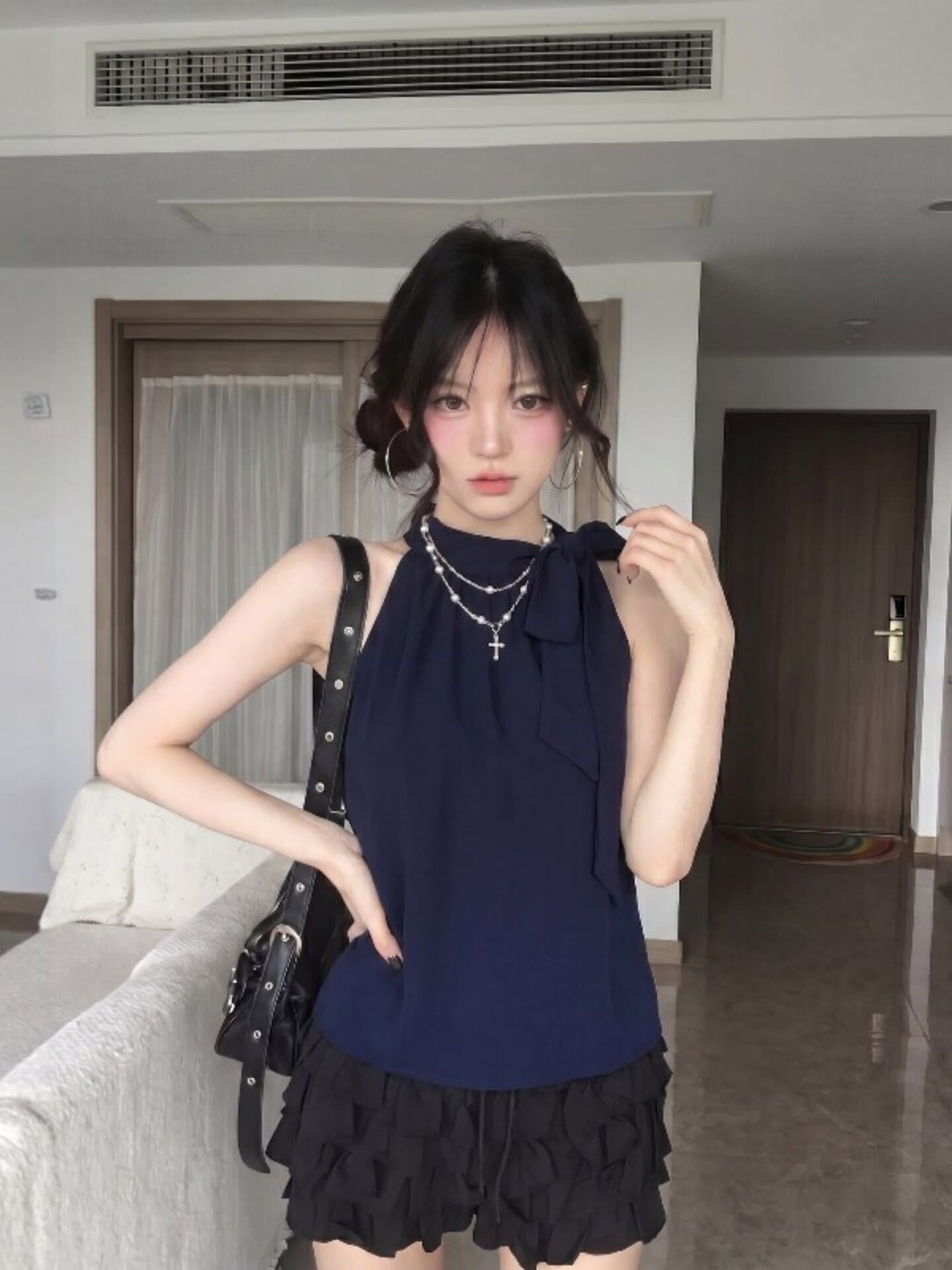 해군 레이스업 행침 목 캐미솔 여름 고급 센스 몸매 가꾸기 슬림해 보이는 섹시함 핫걸 외출용 민소매 맨위 상세 이미지 1