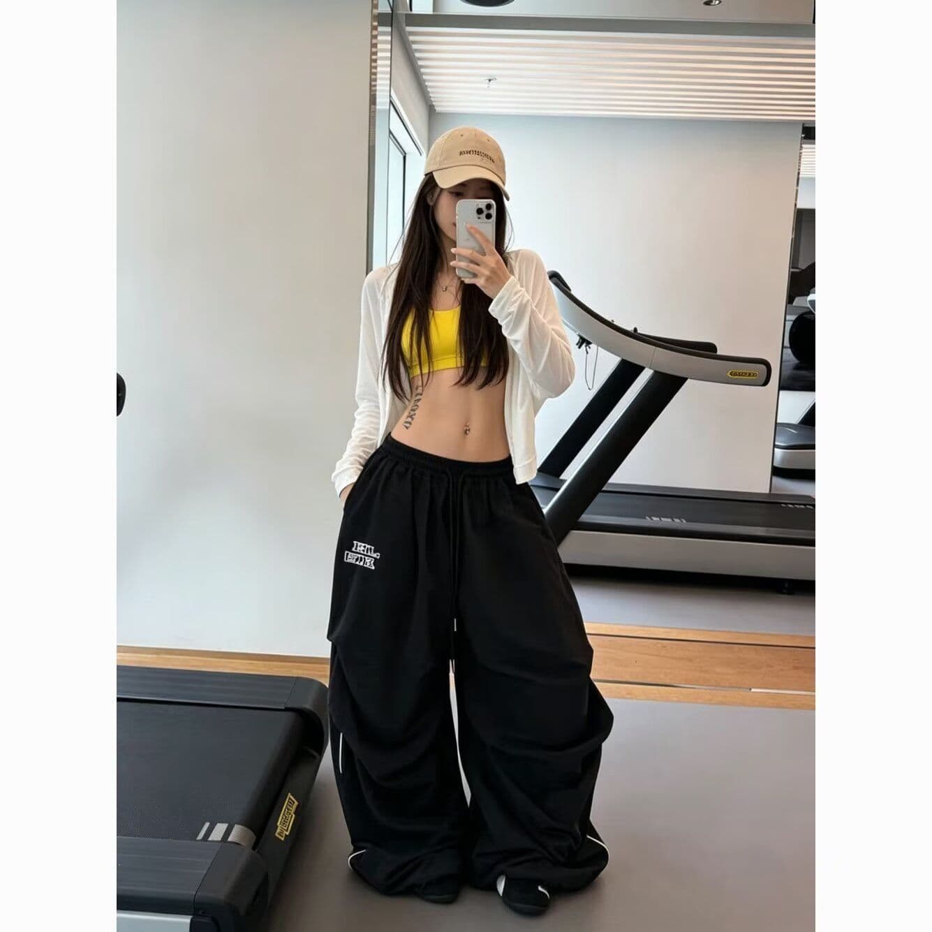 고밀도 탑 실크 길다 복합 허리밴드 캐주얼 다용도 넓은 다리 길이 바지 루즈핏 자수 워크웨어 팬츠 운동 바지 이미지 4