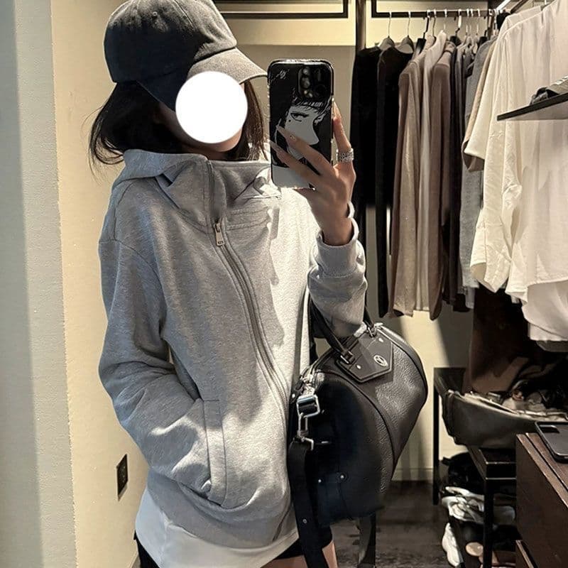 yolo shop 검정색 후드 티 스웨터 여성 몸매 가꾸기 다용도 디자인 센스 폴로 칼라 아메리칸 카디건 코트 맨위 상세 이미지 11