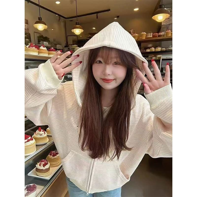 원본 품질 플러스 인사이드 펌프 자수 이후 패키지 칼라 새로운 한 부서 스트라이프 후드 티 스웨터 재킷 한국 대외 무역 이미지 4
