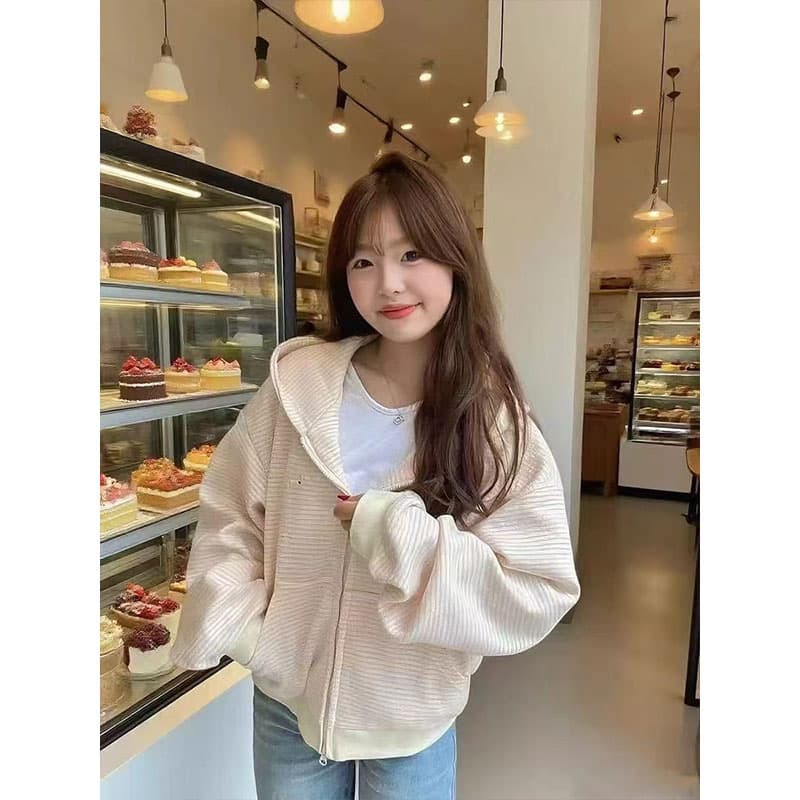 원본 품질 플러스 인사이드 펌프 자수 이후 패키지 칼라 새로운 한 부서 스트라이프 후드 티 스웨터 재킷 한국 대외 무역 상세 이미지 4