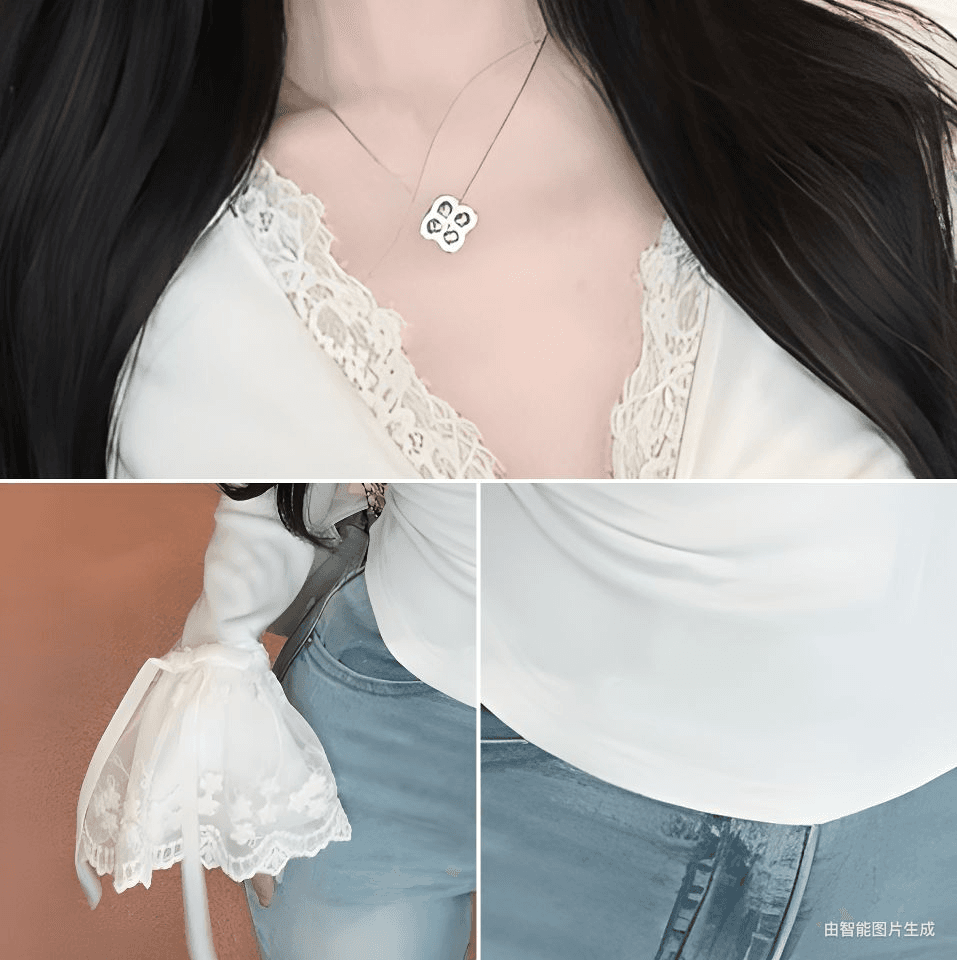 리브 De 플러시 레이스 조각 비틀림 V넥 긴팔 티셔츠 여성 나팔 소매 몸매 가꾸기 인사이드 가져 가라. 슬림해 보이는 기본 셔츠 상세 이미지 7