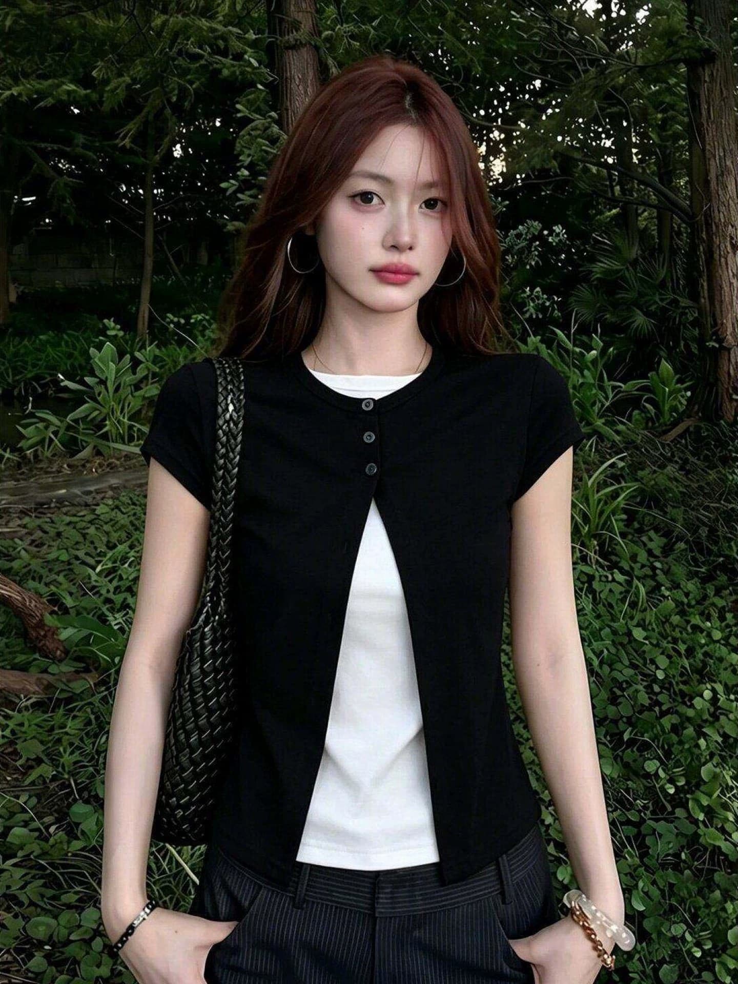 순면 리브 당겨 프레임 페이크 레이어드 티셔츠 여성 의류 여름 디자인 센스 연령 감소 다용도 풀오버 반팔 한국 대외 무역 이미지 4