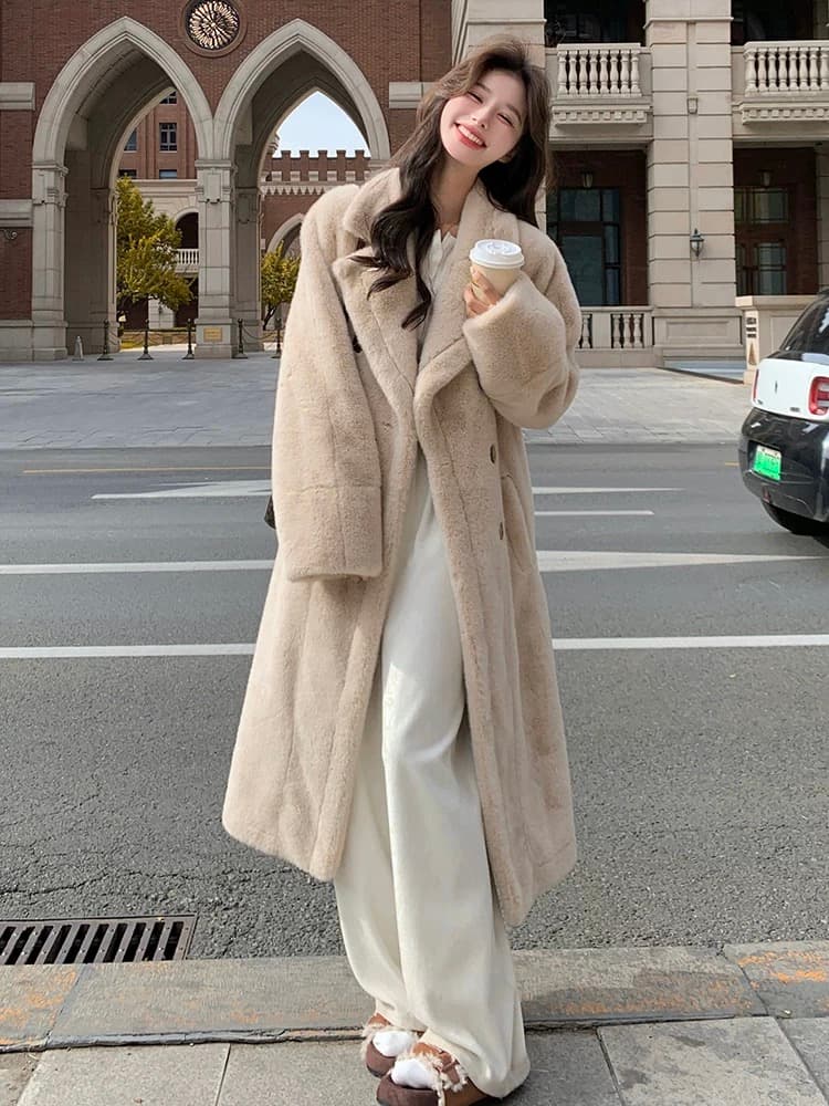 겨울 환경 보호 모피 모방 밍크 플리스 롱 코트 루즈핏 두꺼운 플러스 면 보온 정장 칼라 모피 외투 여성 상세 이미지 8