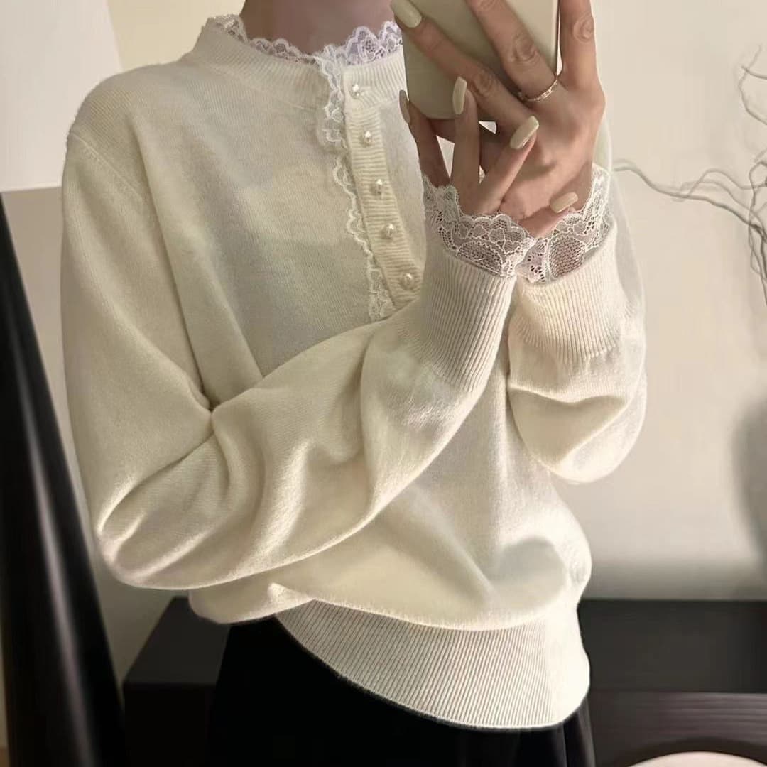 가을 새로운 빛 요리 한 바람 레이스 레이스 만나는 니트 스웨터 얇은 스타일 인사이드 가져 가라. 긴팔 스웨터 여자 한국 대외 무역 이미지 5