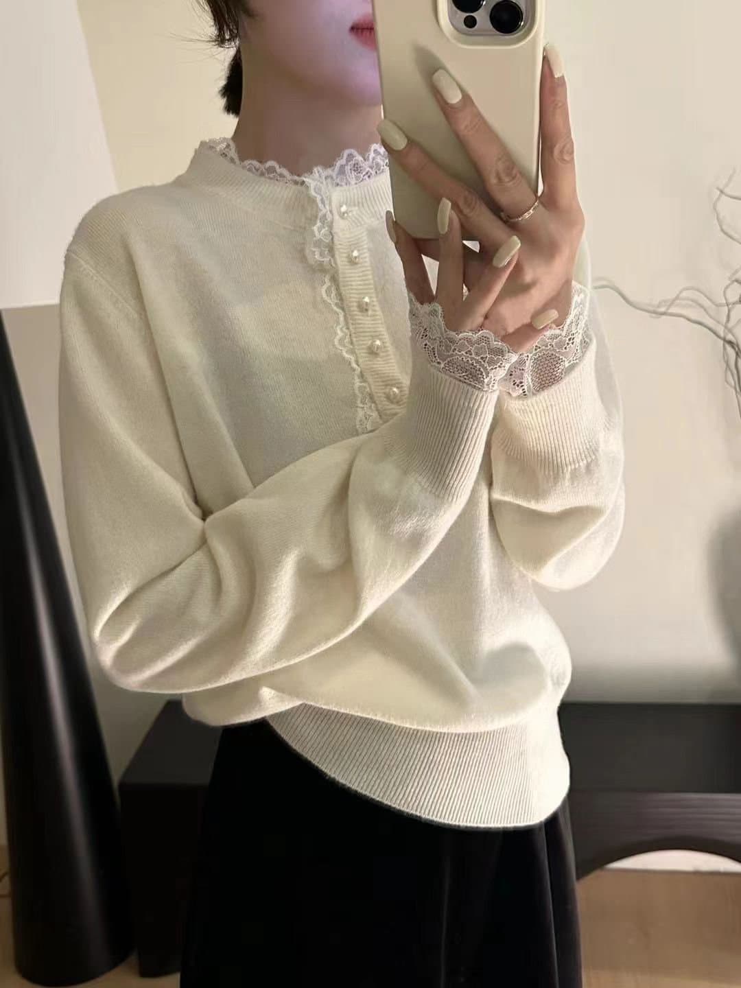가을 새로운 빛 요리 한 바람 레이스 레이스 만나는 니트 스웨터 얇은 스타일 인사이드 가져 가라. 긴팔 스웨터 여자 한국 대외 무역 상세 이미지 3