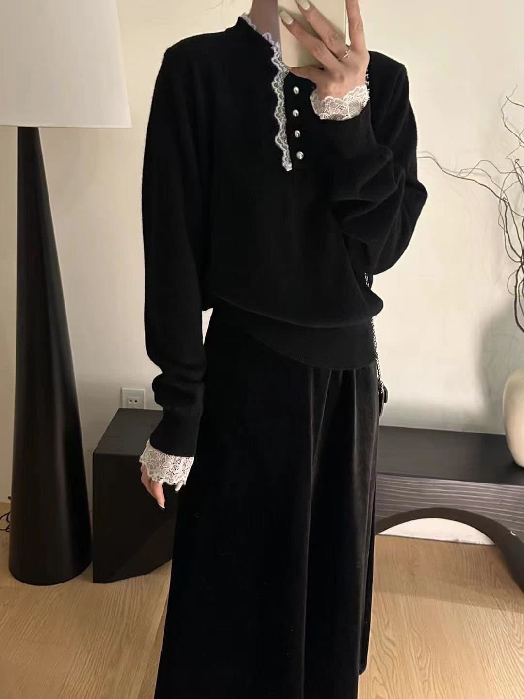 가을 새로운 빛 요리 한 바람 레이스 레이스 만나는 니트 스웨터 얇은 스타일 인사이드 가져 가라. 긴팔 스웨터 여자 한국 대외 무역 상세 이미지 7