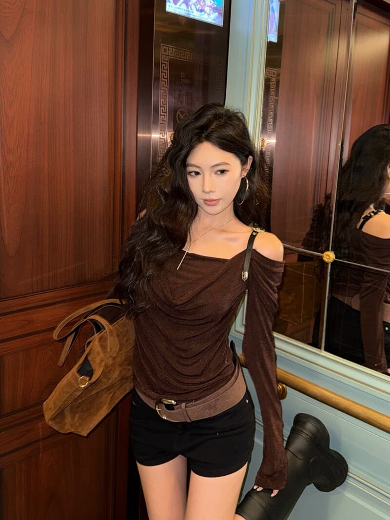 한국 스타일 핫걸 오프숄더 디자인 센스 흔들다 칼라 가죽 어깨끈 긴팔 단색 티셔츠 오프숄더 몸매 가꾸기 슬림해 보이는 여성 셔츠 상세 이미지 21