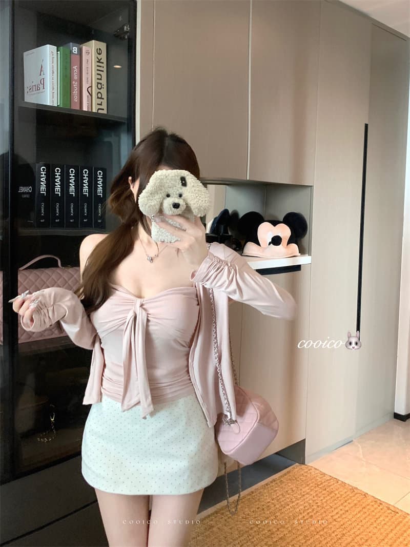 순수한 욕망 바람 세트 회색 얇은 스타일 오픈 가디건 쇼트 스타일 재킷 여성 의류 여름 인사이드 가져 가라. 스트랩 튜브탑 투피스 조끼 상세 이미지 3