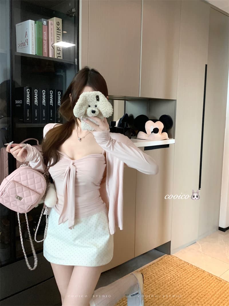순수한 욕망 바람 세트 회색 얇은 스타일 오픈 가디건 쇼트 스타일 재킷 여성 의류 여름 인사이드 가져 가라. 스트랩 튜브탑 투피스 조끼 상세 이미지 5