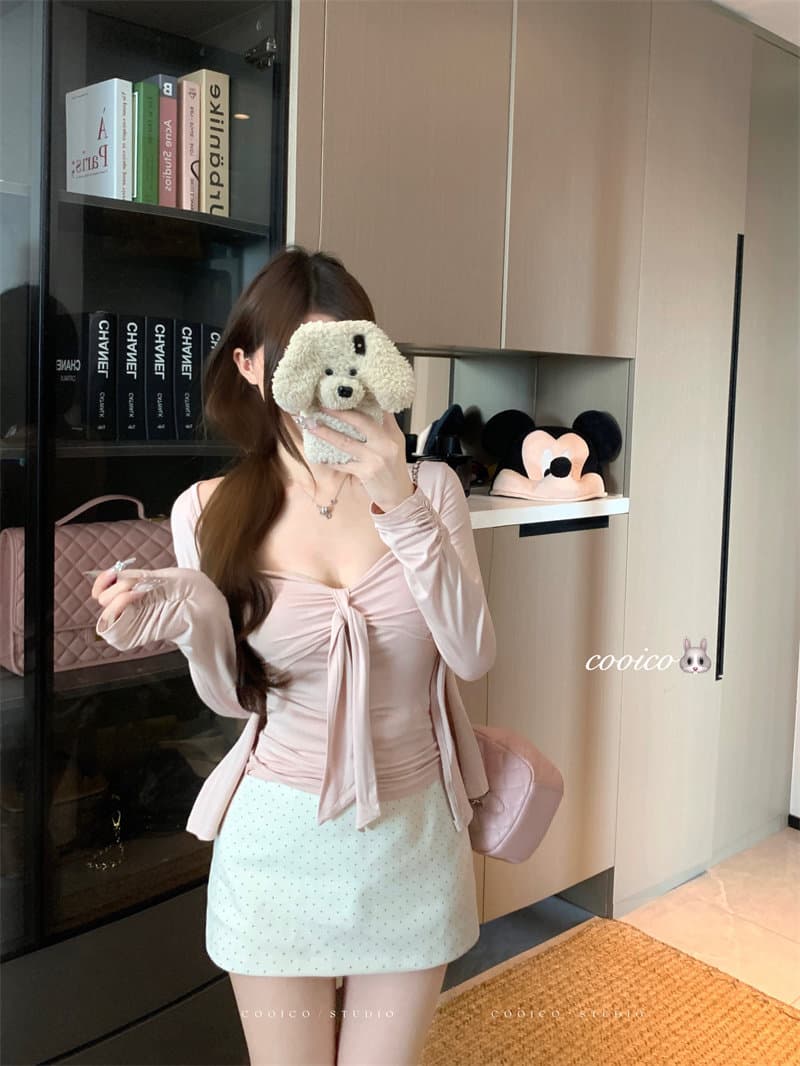 순수한 욕망 바람 세트 회색 얇은 스타일 오픈 가디건 쇼트 스타일 재킷 여성 의류 여름 인사이드 가져 가라. 스트랩 튜브탑 투피스 조끼 상세 이미지 12