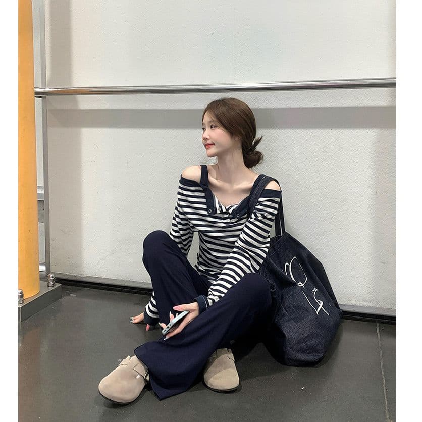 원본 원단 가을 달콤한 차가운 핫걸 스트라이프 페이크 레이어드 긴팔 티셔츠 디자인 센스 몸매 가꾸기 슬림해 보이는 맨위 상세 이미지 1