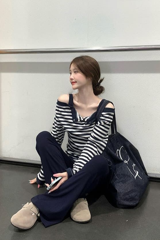 원본 원단 가을 달콤한 차가운 핫걸 스트라이프 페이크 레이어드 긴팔 티셔츠 디자인 센스 몸매 가꾸기 슬림해 보이는 맨위 상세 이미지 6