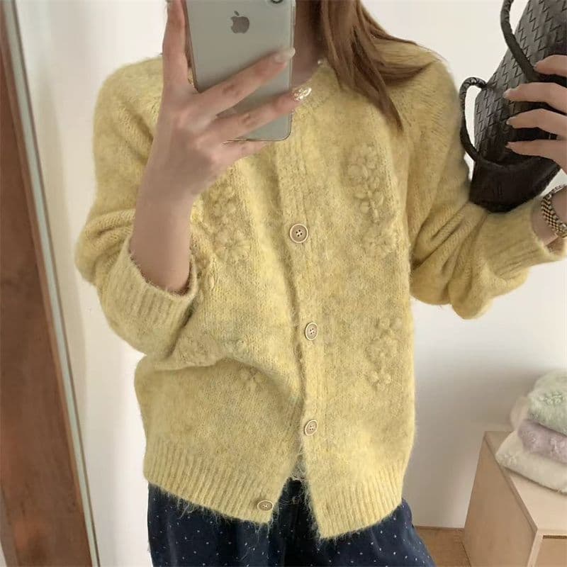 한 부서 자카드 단일 행 나무 버클 니트 오픈 가디건 봄 가을 달콤함 루즈핏 루즈핏 슬림해 보이는 다용도 맨위 여성 이미지 5