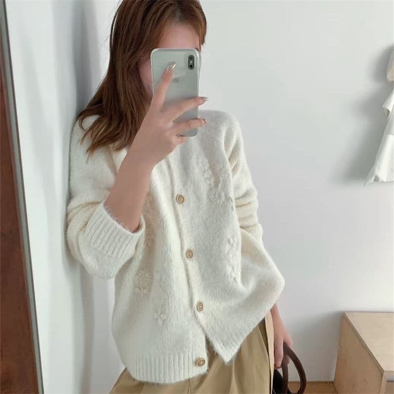 한 부서 자카드 단일 행 나무 버클 니트 오픈 가디건 봄 가을 달콤함 루즈핏 루즈핏 슬림해 보이는 다용도 맨위 여성 상세 이미지 10