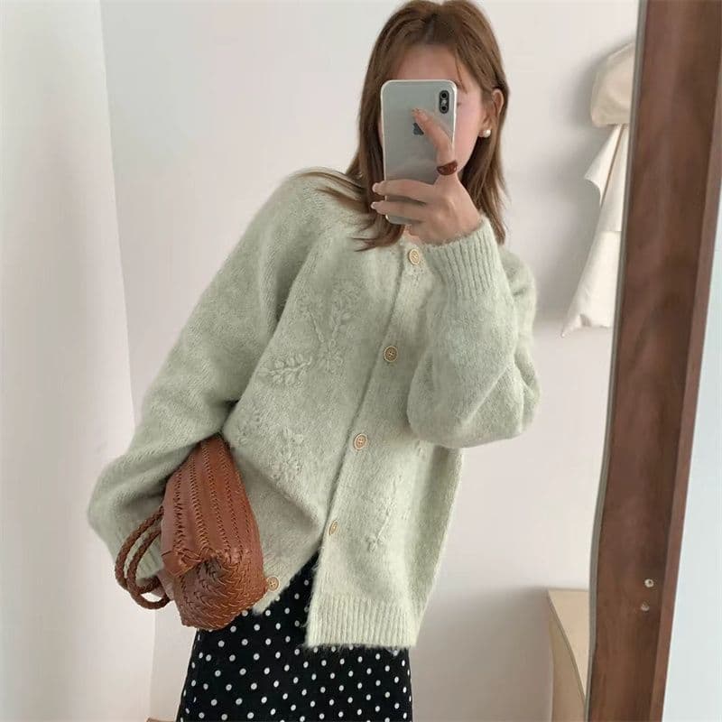 한 부서 자카드 단일 행 나무 버클 니트 오픈 가디건 봄 가을 달콤함 루즈핏 루즈핏 슬림해 보이는 다용도 맨위 여성 상세 이미지 11
