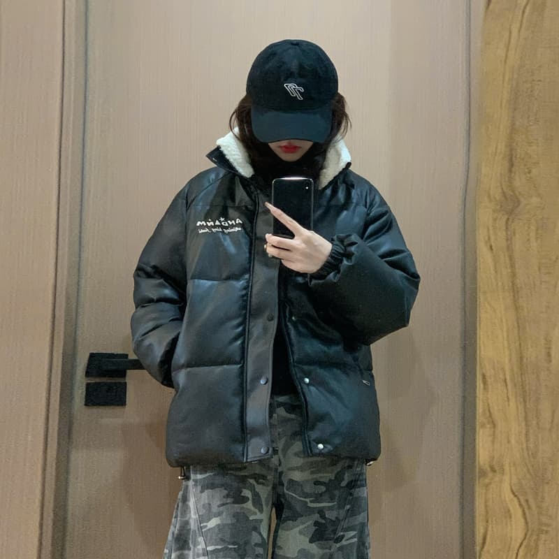 실사 ins 달콤한 차가운 바람 작은 대중 디자인 센스 pu 면 의류 작은 대중 루즈핏 패딩 재킷 겨울 재킷 목화 진딧물