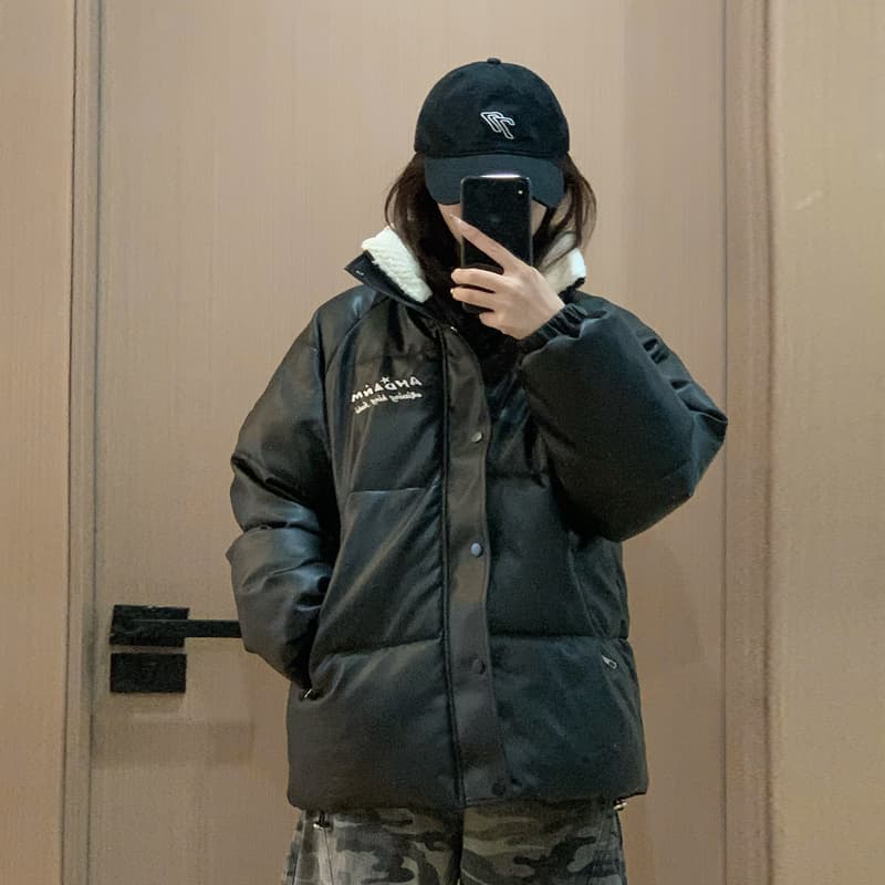 실사 ins 달콤한 차가운 바람 작은 대중 디자인 센스 pu 면 의류 작은 대중 루즈핏 패딩 재킷 겨울 재킷 목화 진딧물 이미지 5