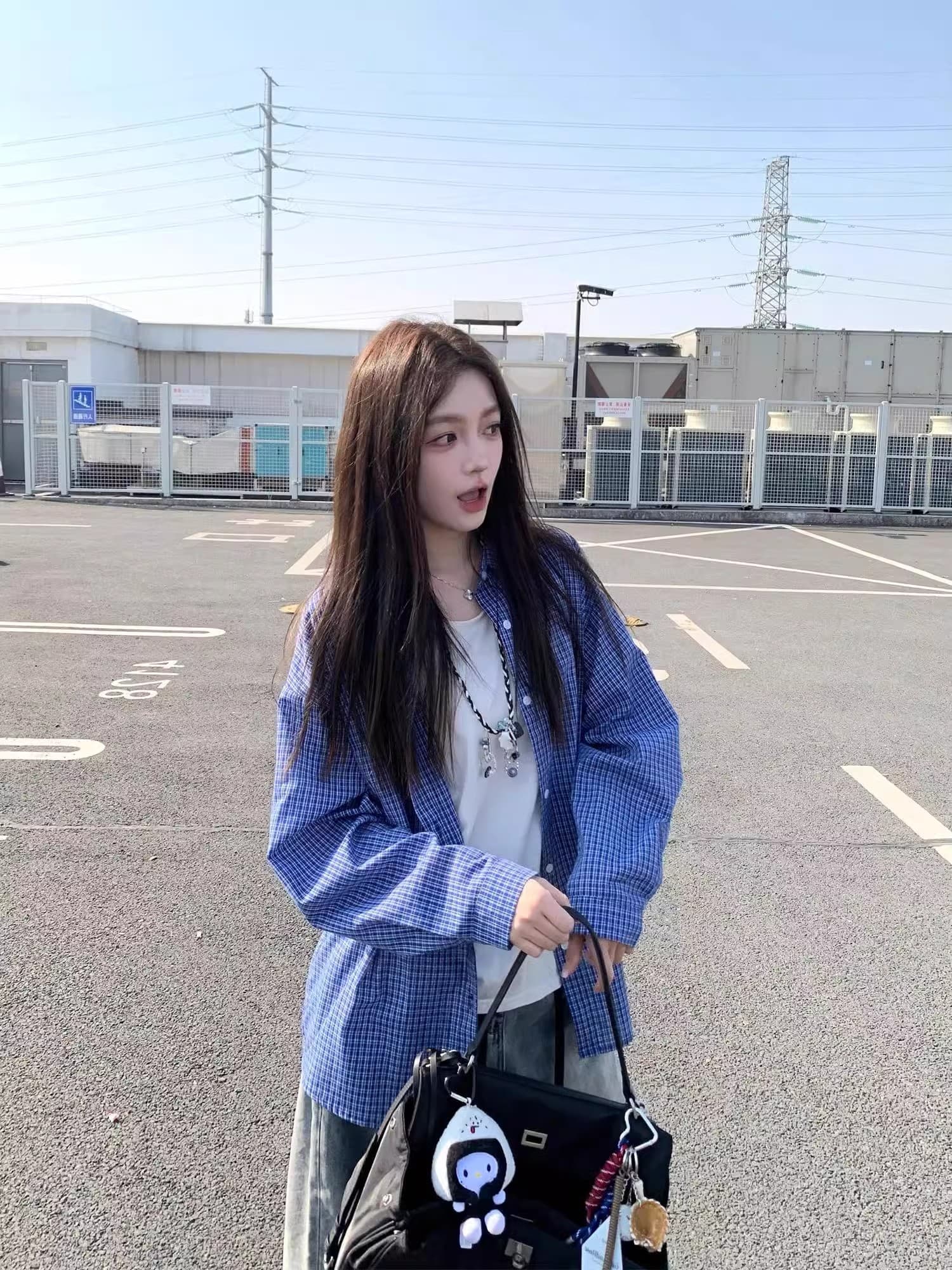 원본 셔틀 제직 그리드 레트로 블루 체크무늬 여성 셔츠 가을 작은 키 캐주얼 스택 착용 셔츠 한국 대외 무역 한 싱글 이미지 2
