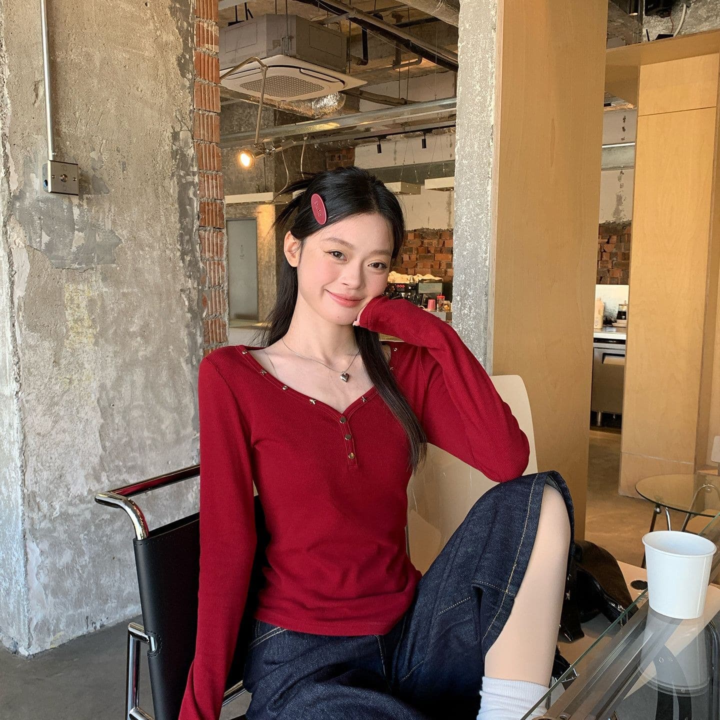 260 그램 사람들 면 빨간색 깊은 V 넥 기본 셔츠 여성 리우 딩 디자인 센스 몸매 가꾸기 긴팔 티셔츠 핫걸 허리 수축 맨위 이미지 5