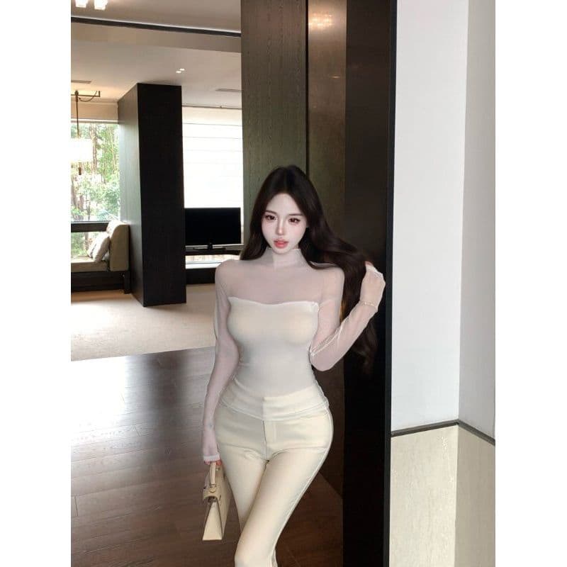 260 그램 사람들 면 핫걸 섹시함 망사 시스루 맨위 여성 가을 페이크 레이어드 긴팔 티셔츠 반하이넥 기본 셔츠