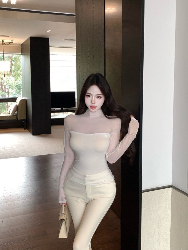 260 그램 사람들 면 핫걸 섹시함 망사 시스루 맨위 여성 가을 페이크 레이어드 긴팔 티셔츠 반하이넥 기본 셔츠 상세 이미지 5