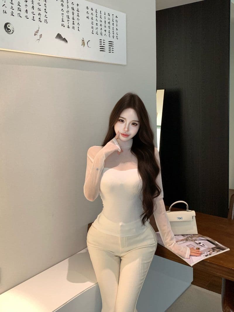 260 그램 사람들 면 핫걸 섹시함 망사 시스루 맨위 여성 가을 페이크 레이어드 긴팔 티셔츠 반하이넥 기본 셔츠 상세 이미지 13