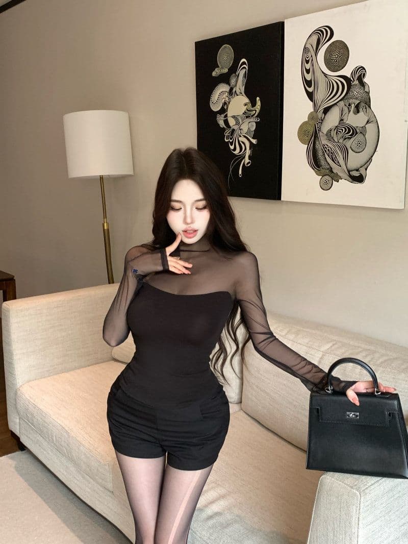 260 그램 사람들 면 핫걸 섹시함 망사 시스루 맨위 여성 가을 페이크 레이어드 긴팔 티셔츠 반하이넥 기본 셔츠 상세 이미지 24