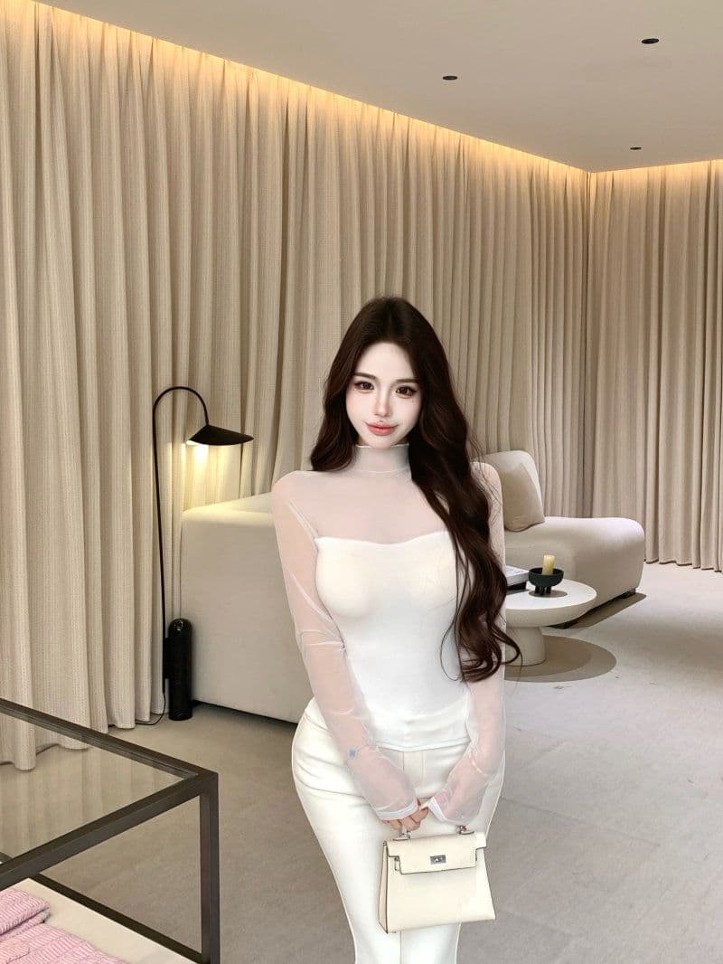 260 그램 사람들 면 핫걸 섹시함 망사 시스루 맨위 여성 가을 페이크 레이어드 긴팔 티셔츠 반하이넥 기본 셔츠 상세 이미지 26