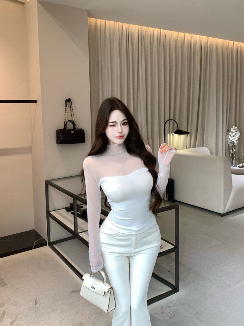 260 그램 사람들 면 핫걸 섹시함 망사 시스루 맨위 여성 가을 페이크 레이어드 긴팔 티셔츠 반하이넥 기본 셔츠 상세 이미지 31