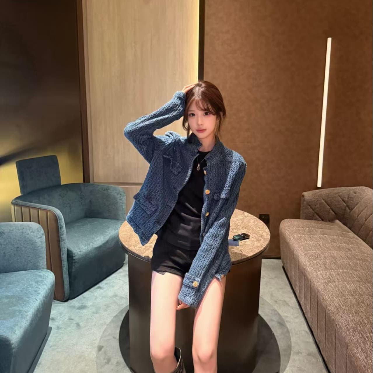 파란색 레트로 짜임 작은 샤넬 스타일 데님 재킷 가을 새로운 패션 다용도 재킷 맨위 한국 대외 무역 폭발 이미지 5