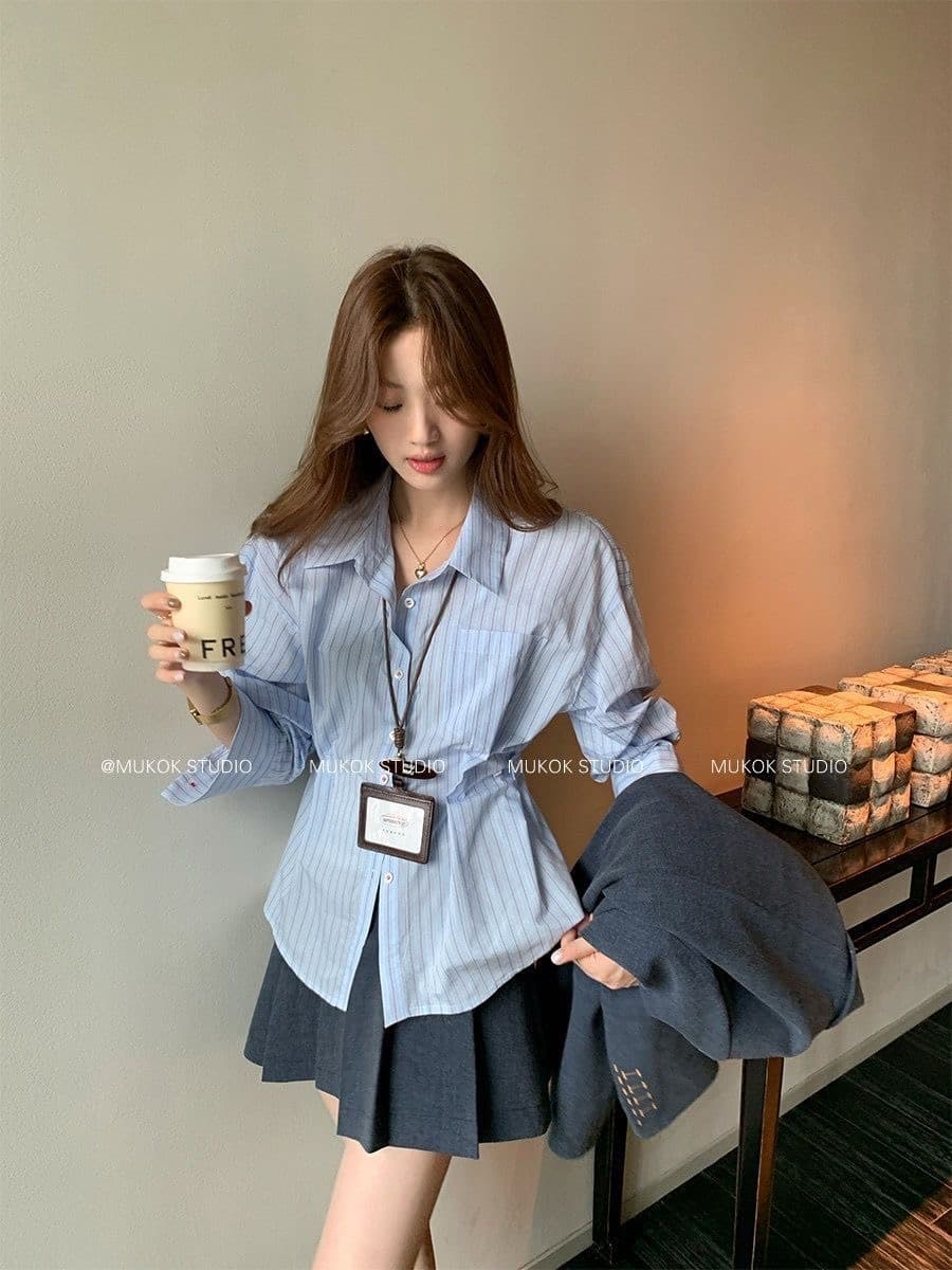 봄 가을 핫걸 새로운 몸매 가꾸기 허리 수축 셔츠 재킷 파란색 스트라이프 디자인 센스 작은 대중 긴팔 맨위 순수한 욕망 이미지 4