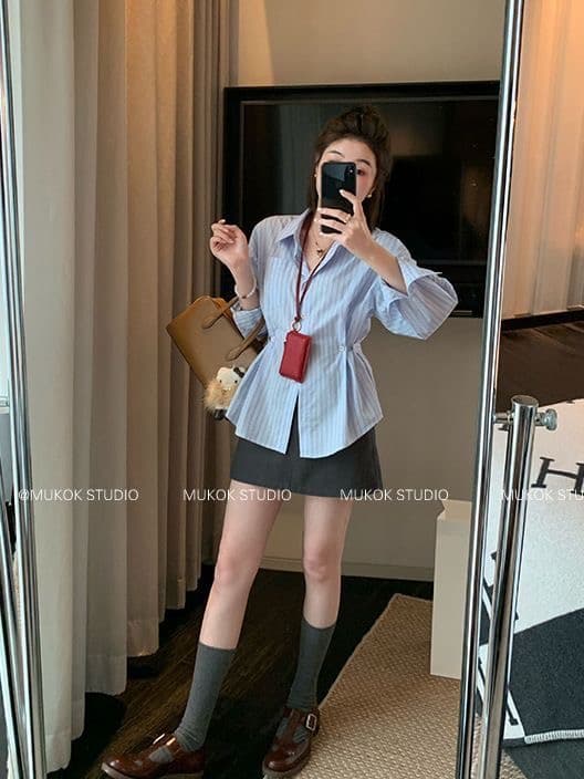 봄 가을 핫걸 새로운 몸매 가꾸기 허리 수축 셔츠 재킷 파란색 스트라이프 디자인 센스 작은 대중 긴팔 맨위 순수한 욕망 상세 이미지 4