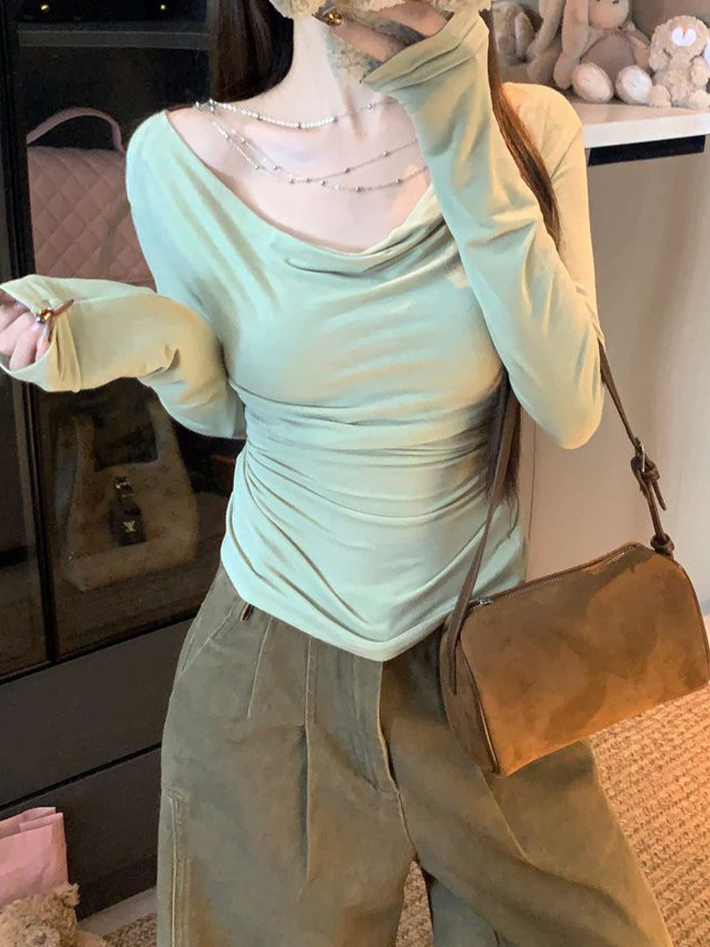 순수한 욕망 바람 핫걸 흔들다 칼라 체인 긴팔 티셔츠 여성 가을 새로운 고유 한 Chic 몸매 가꾸기 슬림해 보이는 만나는 맨위 이미지 4