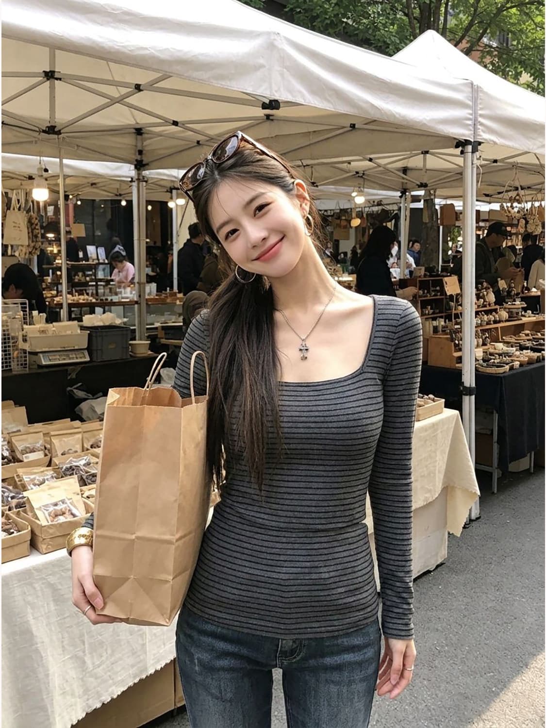 깊은 u 칼라 긴팔 티셔츠 여성 2026 년 여름과 가을 한 부서 부드러운 허리 수축 슬림해 보이는 다용도 스트라이프 디스플레이 몸 맨위 이미지 3