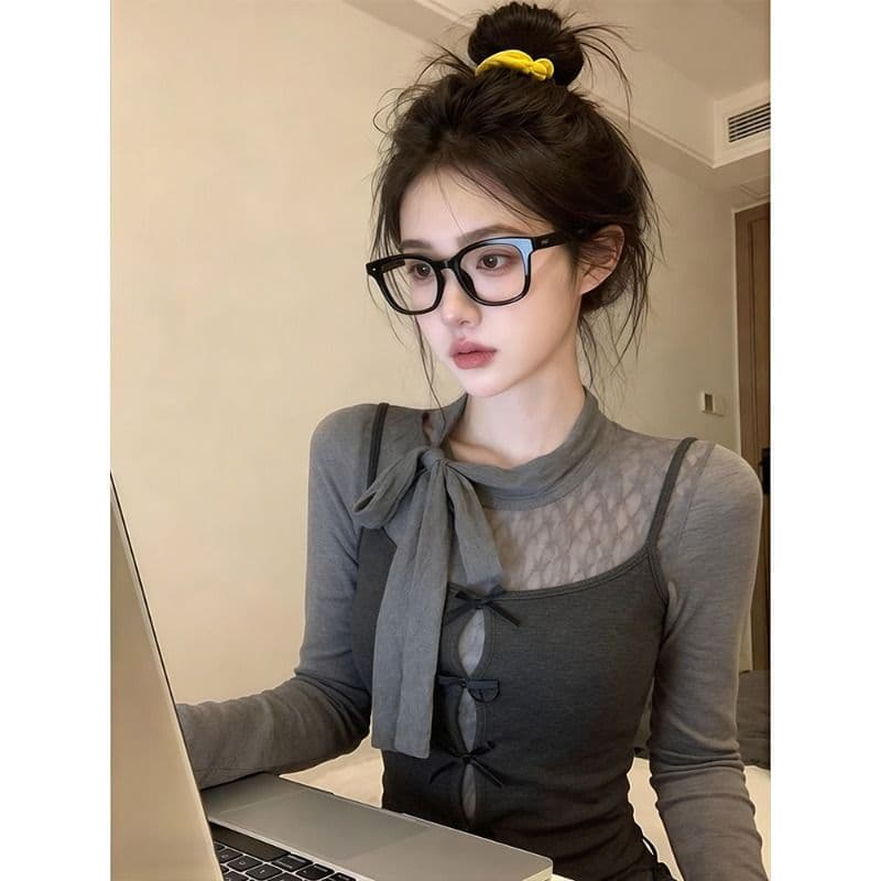 원본 레이스 사람들 면 나비 넥타이 슬립 여성 봄 스택 착용 몸매 가꾸기 인사이드 잡아라. 의류 투피스 세트 이미지 3