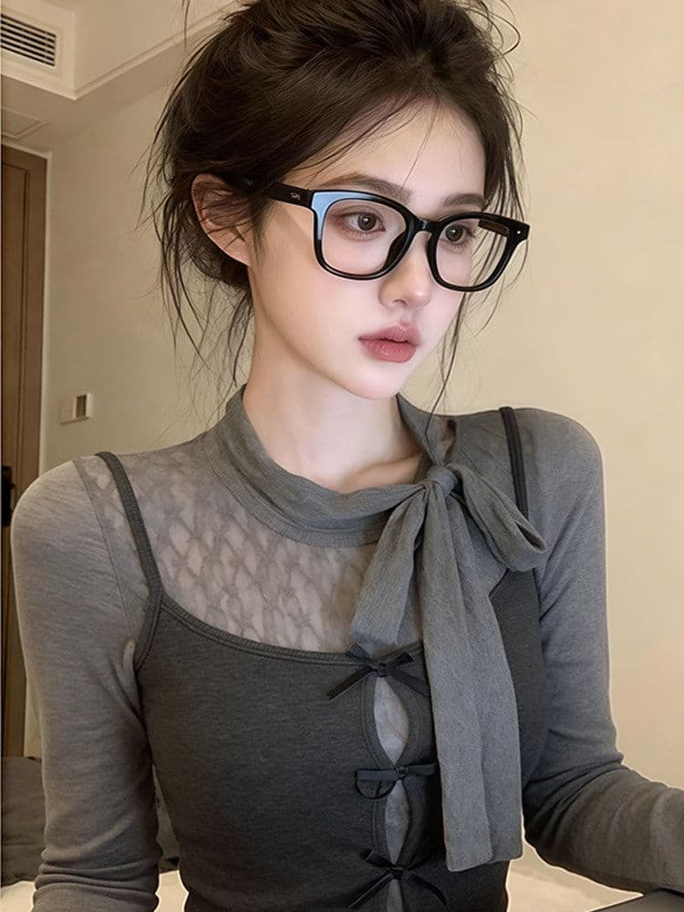 원본 레이스 사람들 면 나비 넥타이 슬립 여성 봄 스택 착용 몸매 가꾸기 인사이드 잡아라. 의류 투피스 세트 상세 이미지 4
