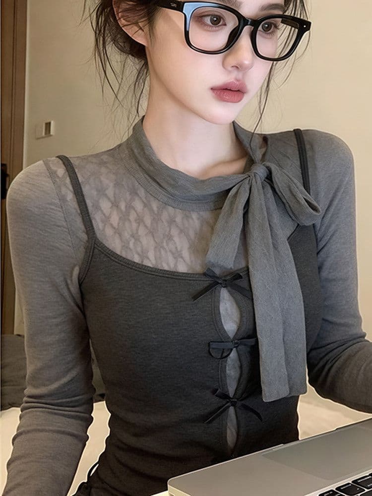 원본 레이스 사람들 면 나비 넥타이 슬립 여성 봄 스택 착용 몸매 가꾸기 인사이드 잡아라. 의류 투피스 세트 상세 이미지 5