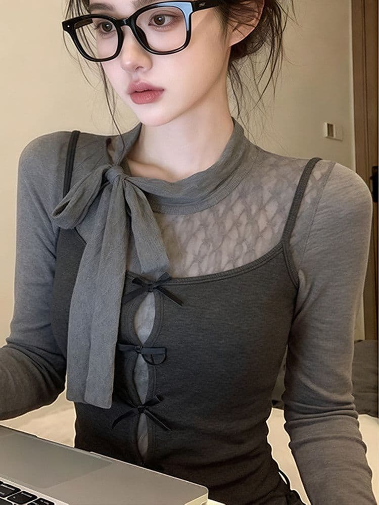 원본 레이스 사람들 면 나비 넥타이 슬립 여성 봄 스택 착용 몸매 가꾸기 인사이드 잡아라. 의류 투피스 세트 상세 이미지 6