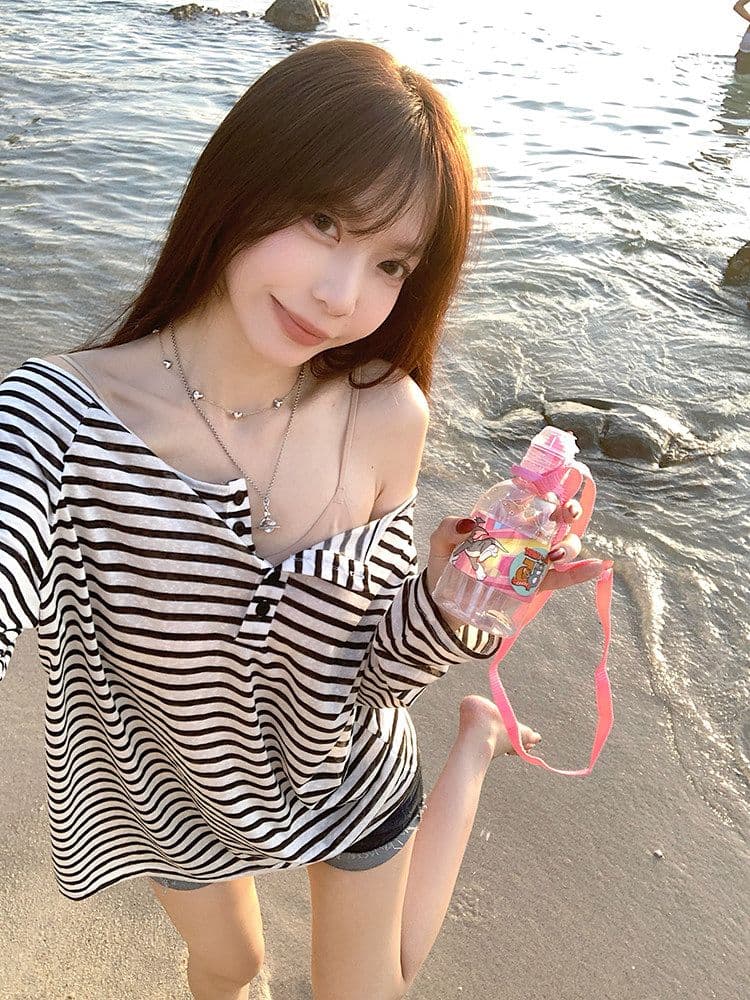 원본 것 라이 경기 서울 스트라이프 긴팔 티셔츠 얇은 스타일 자외선 차단 블라우스 루즈핏 오프숄더 맨위 상세 이미지 3
