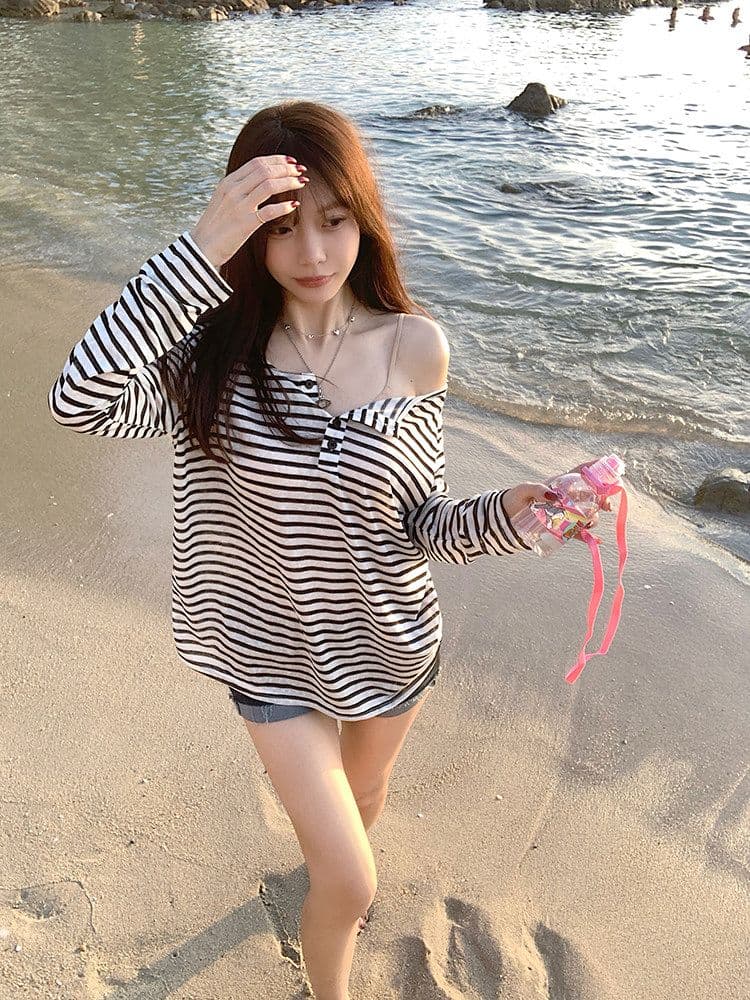 원본 것 라이 경기 서울 스트라이프 긴팔 티셔츠 얇은 스타일 자외선 차단 블라우스 루즈핏 오프숄더 맨위 상세 이미지 6