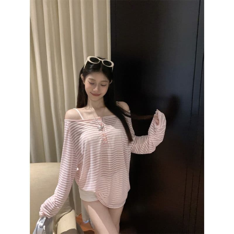 원본 것 라이 경기 서울 스트라이프 긴팔 티셔츠 얇은 스타일 자외선 차단 블라우스 루즈핏 오프숄더 맨위 한국 대외 무역