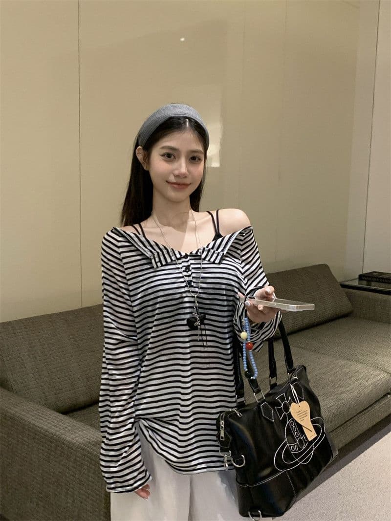 원본 것 라이 경기 서울 스트라이프 긴팔 티셔츠 얇은 스타일 자외선 차단 블라우스 루즈핏 오프숄더 맨위 한국 대외 무역 상세 이미지 3