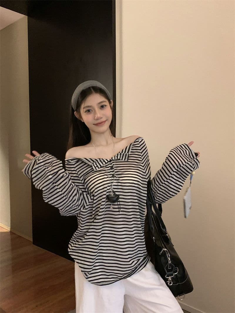 원본 것 라이 경기 서울 스트라이프 긴팔 티셔츠 얇은 스타일 자외선 차단 블라우스 루즈핏 오프숄더 맨위 한국 대외 무역 상세 이미지 5
