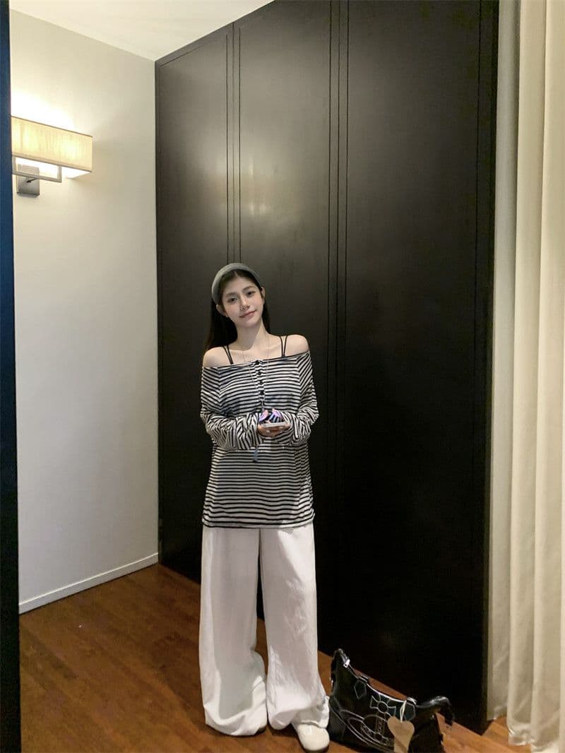 원본 것 라이 경기 서울 스트라이프 긴팔 티셔츠 얇은 스타일 자외선 차단 블라우스 루즈핏 오프숄더 맨위 한국 대외 무역 상세 이미지 6