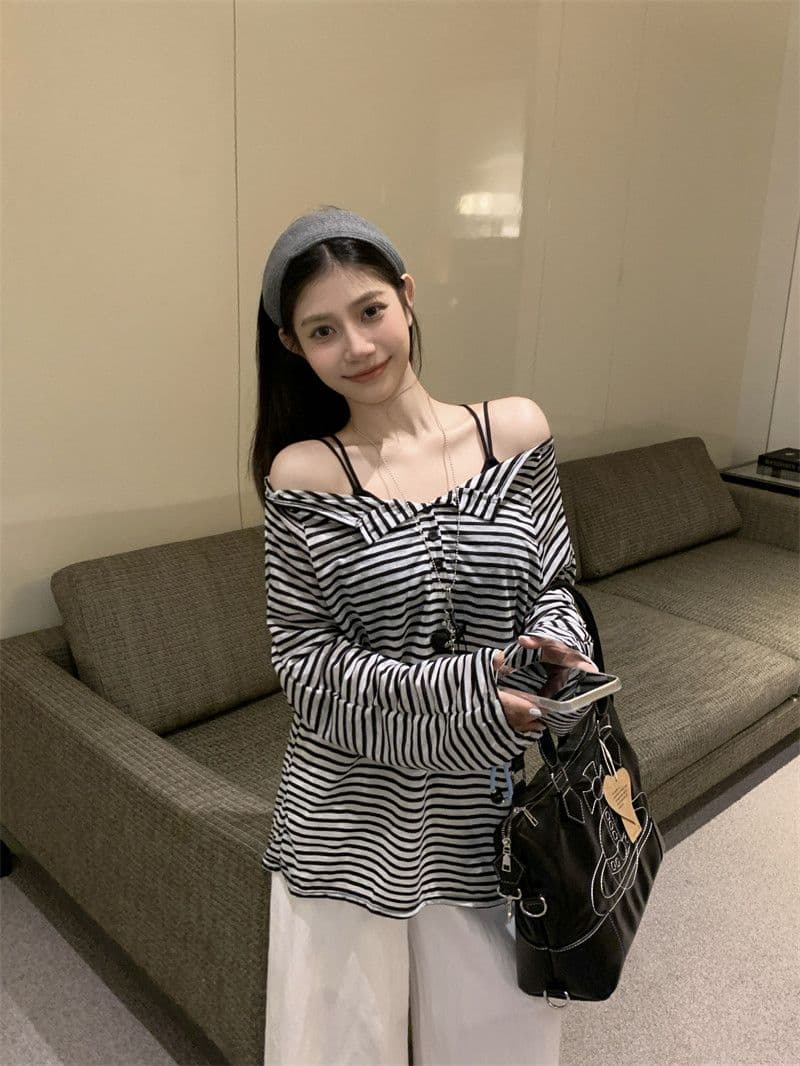 원본 것 라이 경기 서울 스트라이프 긴팔 티셔츠 얇은 스타일 자외선 차단 블라우스 루즈핏 오프숄더 맨위 한국 대외 무역 상세 이미지 8